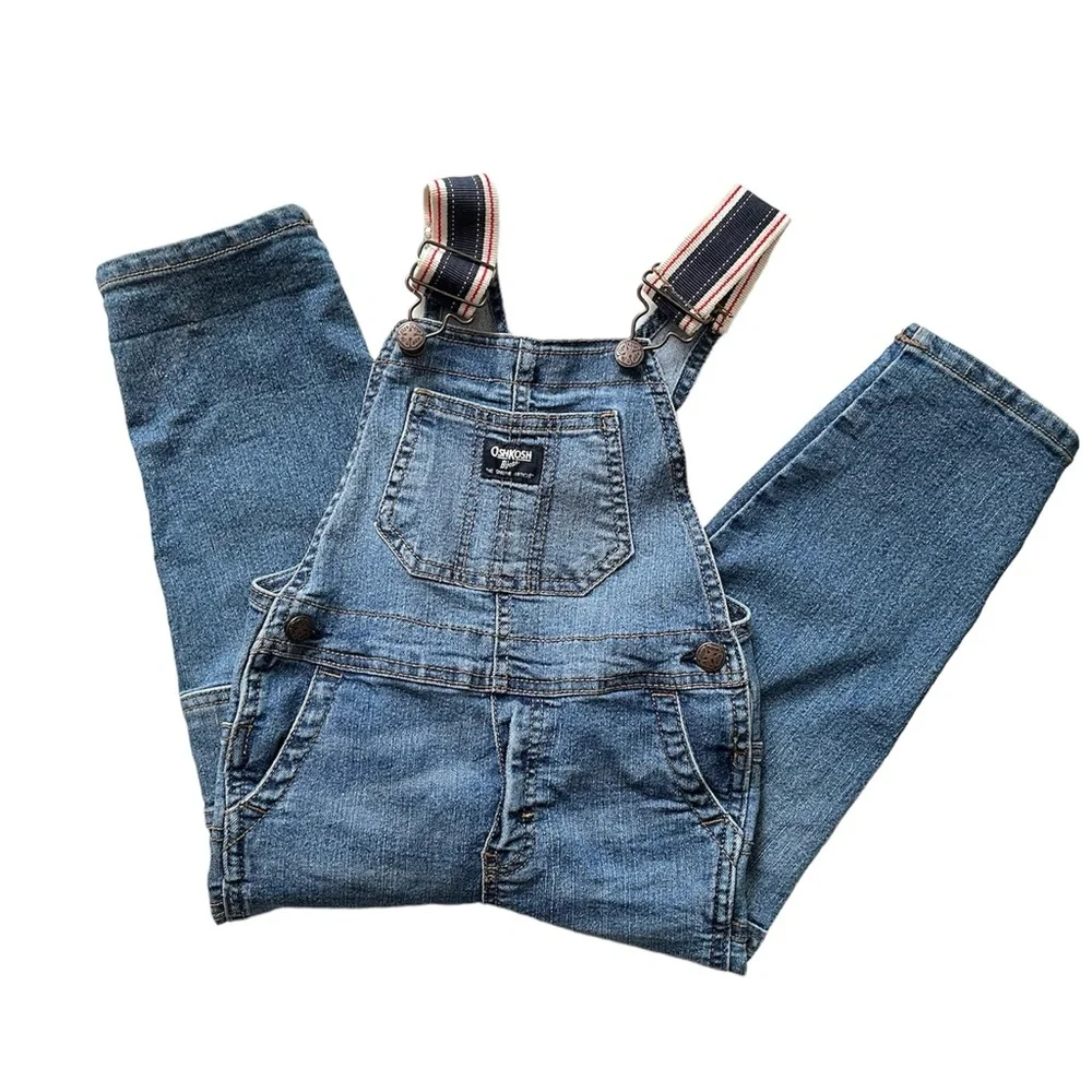 Oshkosh Bgosh Blue Denim Vestbak Red Blue Stripe Strap Train Overalls 4T